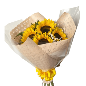 Buque con girasol y follaje de perla en empaque con papel coreano
