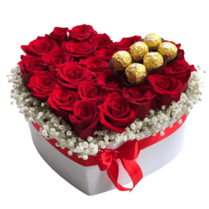 corazón mediano en caja de lujo en rosas y chocolates
